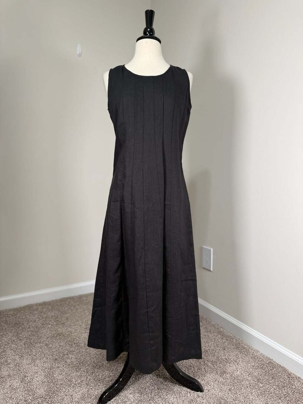 VTG Choices Black 100% Linen Pleated A-Line Midi Dress Witchy Goth Coastal